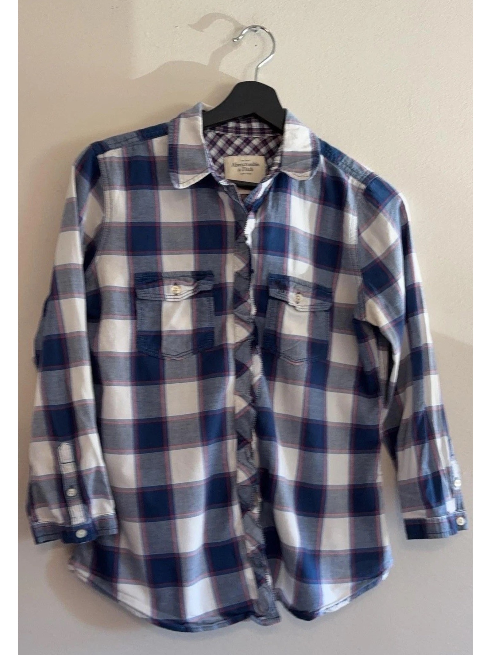 Abercrombie & Fitch Shirt Girls Medium Blue Plaid Long Sleeve Button Up Ruffle